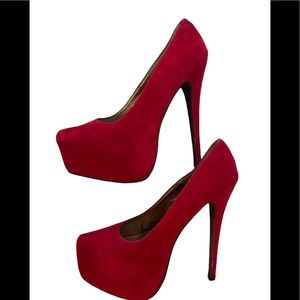 RICH RCH BELLA BRIGHT RED SUEDE SPIKED STILETTO HEELS, SIZE 8 1/2